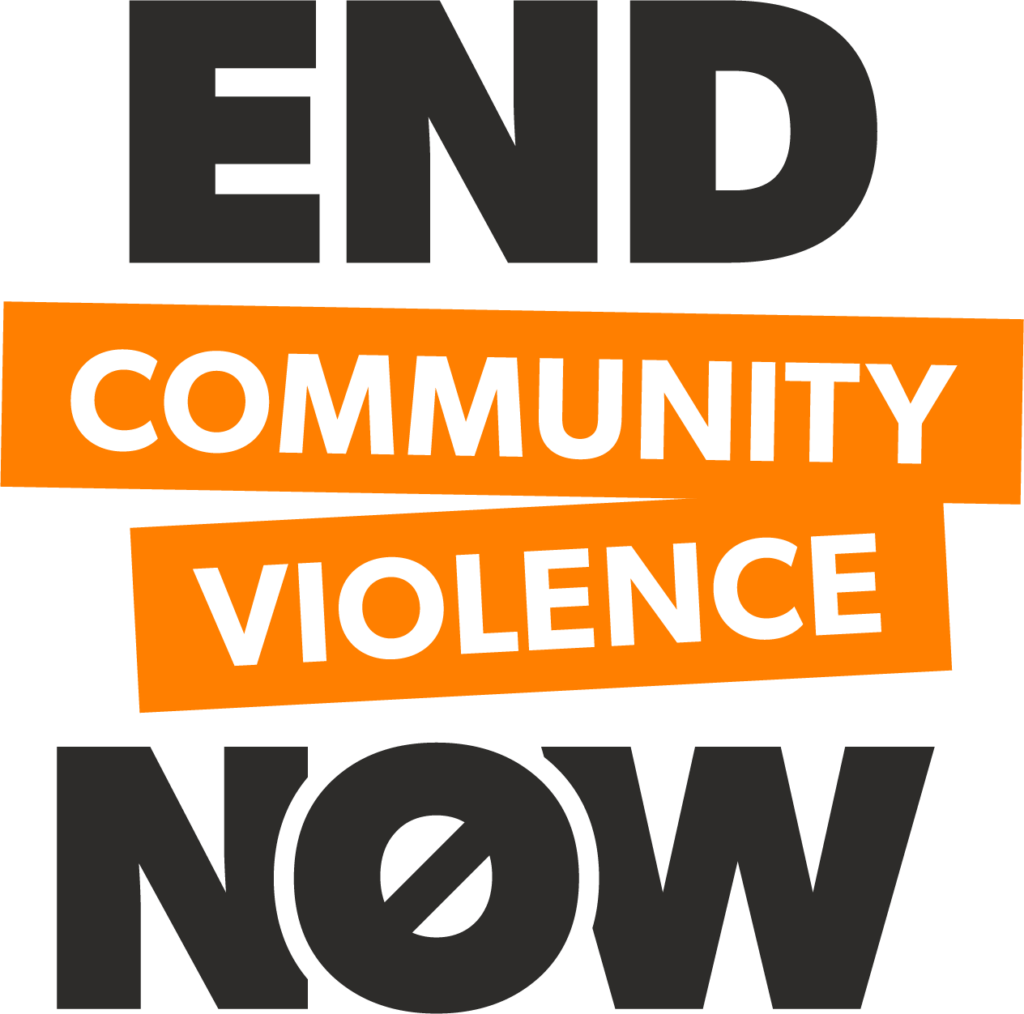 A logo featuring the words "End Community Violence Now" in bold black and orange text against a white background. The design emphasizes a call to action for addressing and preventing violence in communities.