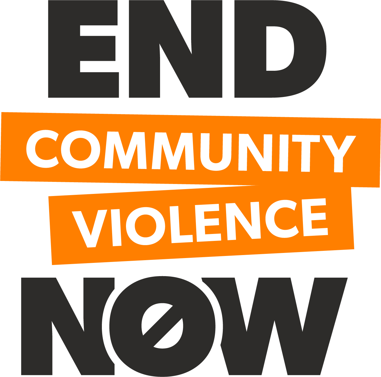A logo featuring the words "End Community Violence Now" in bold black and orange text against a white background. The design emphasizes a call to action for addressing and preventing violence in communities.