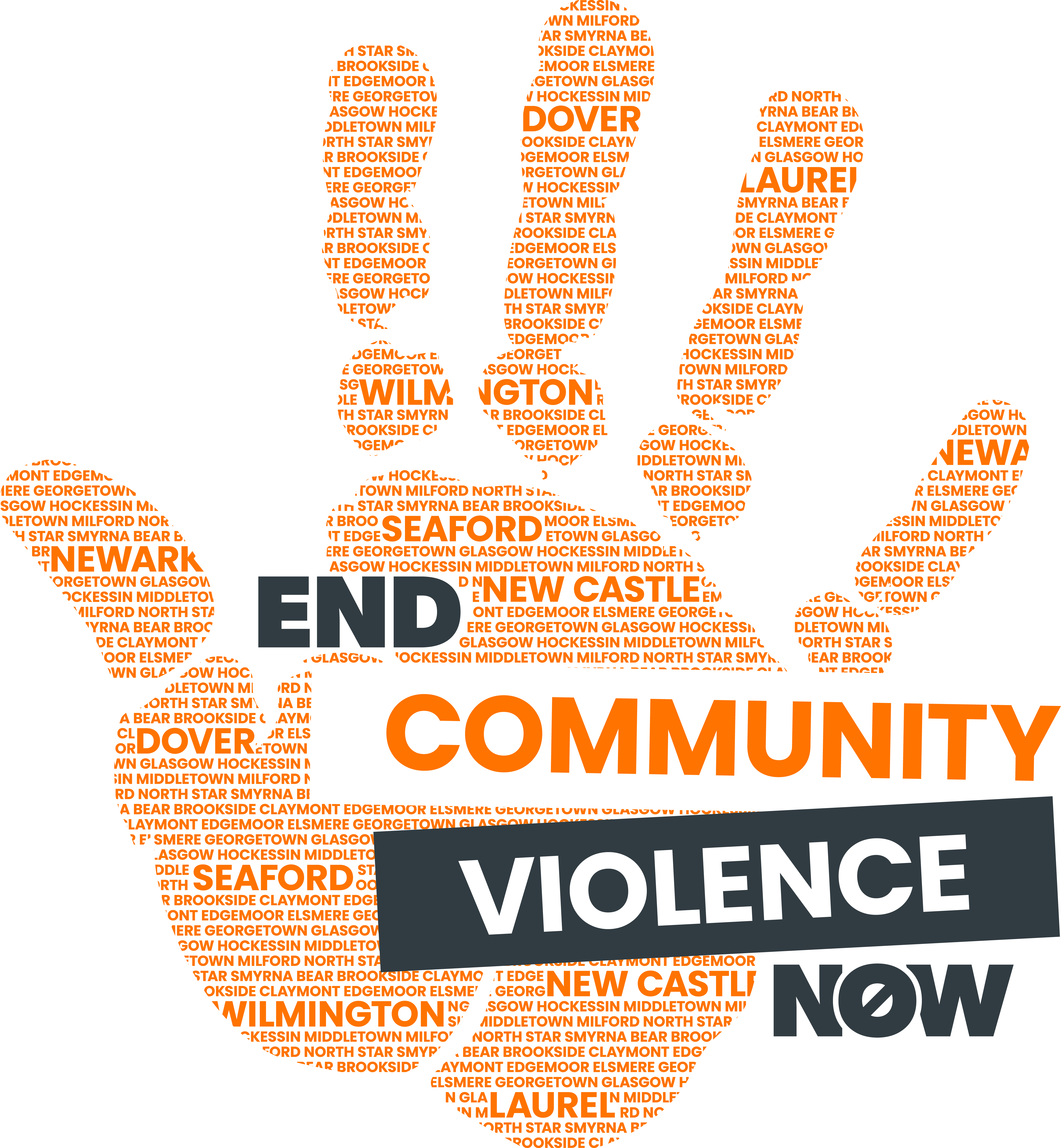 End Community Violence logo in orange, black and white, with different municipalities spelled out 