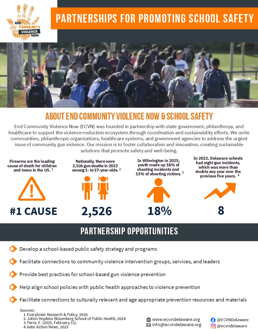 Healthcare Partnership Opportunities infographic listing statistics of violence against children and how ECVN can work with schools to reduce violence