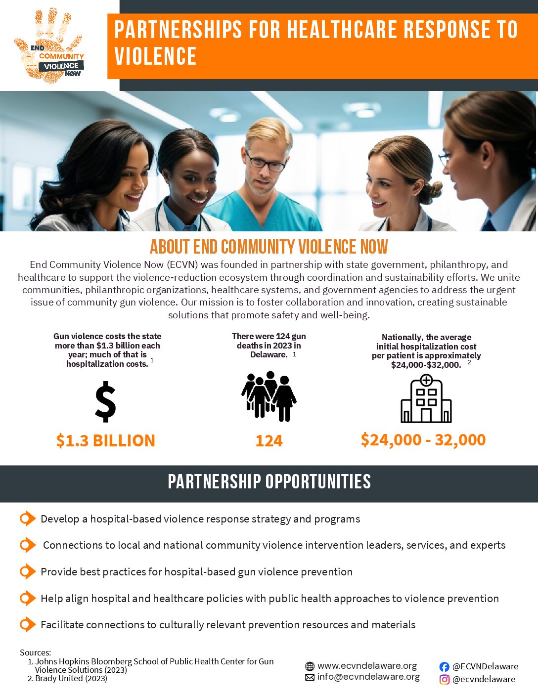 Healthcare Partnership Opportunities infographic listing gun violence statistics and how ECVN can help hospitals reduce costs and casualities