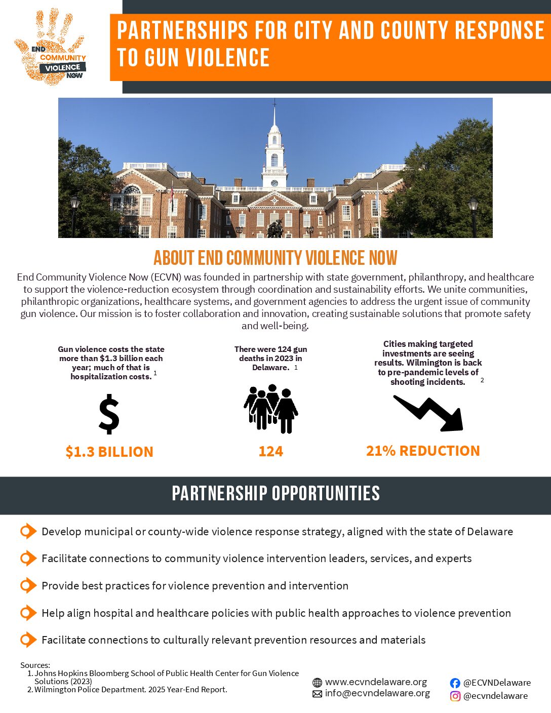 Healthcare Partnership Opportunities infographic listing gun violence statistics and how ECVN can help government reduce costs and increase quality of life