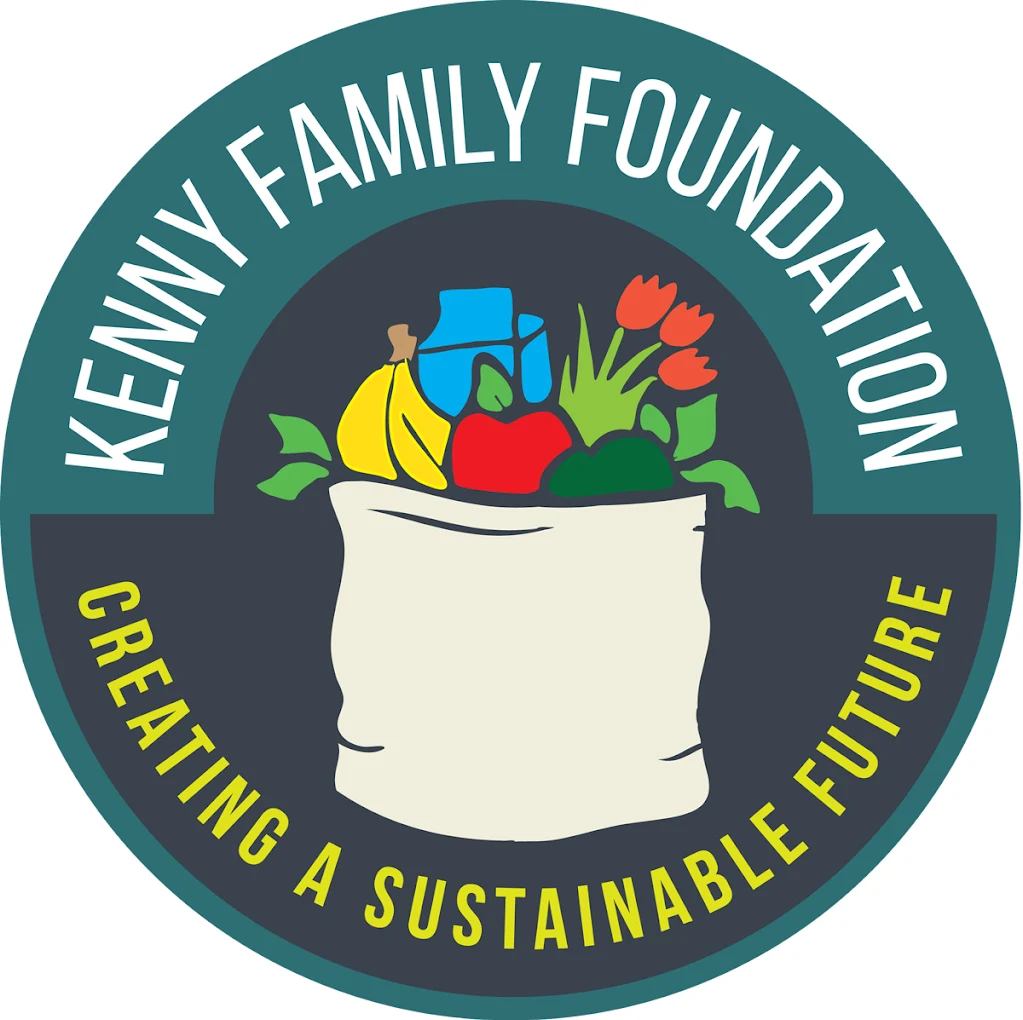 The logo of the Kenny Family Foundation, which is a circular dark blue logo with Kenny Family Foundation around the top of the circle, a bag of produce in the center, and the tagline "Creating a Sustainable Future" around the bottom fo the circle